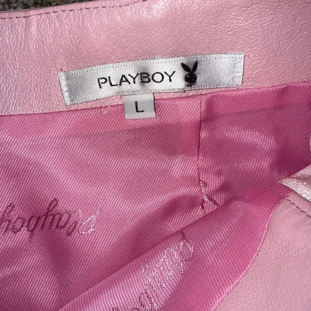 Playboy Leather Skirt Set Womens Large Pink Excellent Y2K Lace Up Halter 2pc - Picture 6 of 15